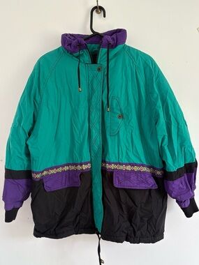 Vintage Climate Zone Colorblock Ski Jacket Teal Purple Womens 14-16 90s
